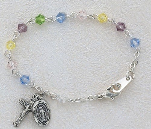 Baby Rosary Bracelet with Multi Color Tin Cut Crystal Beads - Pewter