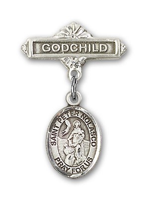 Pin Badge with St. Peter Nolasco Charm and Godchild Badge Pin - Silver tone