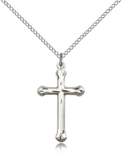 Round Tip with Star Etched Cross Necklace - Sterling Silver