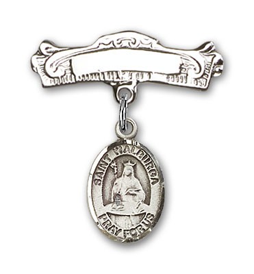 Pin Badge with St. Walburga Charm and Arched Polished Engravable Badge Pin - Silver tone
