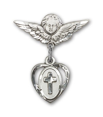 Pin Badge with Cross Charm and Angel with Smaller Wings Badge Pin - Silver tone