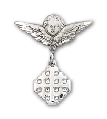 Pin Badge with Jerusalem Cross Charm and Angel with Smaller Wings Badge Pin - Silver tone
