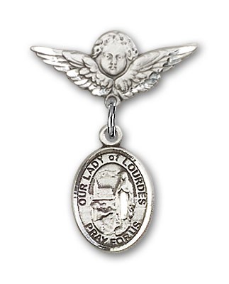 Pin Badge with Our Lady of Lourdes Charm and Angel with Smaller Wings Badge Pin - Silver tone