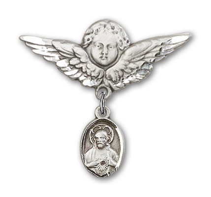 Baby Pin with Scapular Charm and Angel with Larger Wings Badge Pin - Silver tone