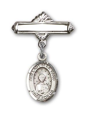 Pin Badge with Our Lady of la Vang Charm and Polished Engravable Badge Pin - Silver tone