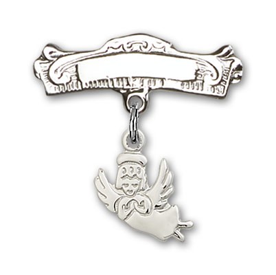 Baby Pin with Guardian Angel Charm and Arched Polished Engravable Badge Pin - Silver tone