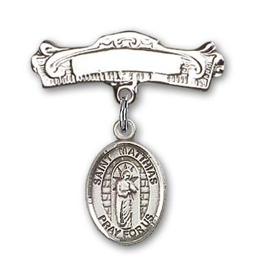 Pin Badge with St. Matthias the Apostle Charm and Arched Polished Engravable Badge Pin - Silver tone