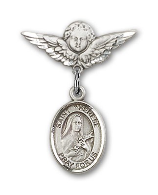Pin Badge with St. Therese of Lisieux Charm and Angel with Smaller Wings Badge Pin - Silver tone