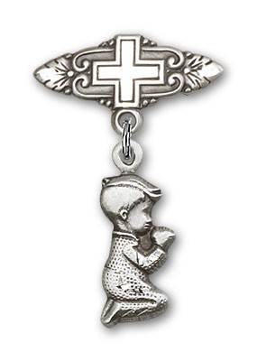 Baby Pin with Praying Boy Charm and Badge Pin with Cross - Silver tone