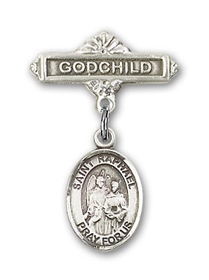 Pin Badge with St. Raphael the Archangel Charm and Godchild Badge Pin - Silver tone
