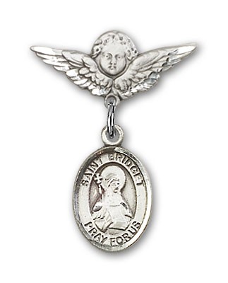 Pin Badge with St. Bridget of Sweden Charm and Angel with Smaller Wings Badge Pin - Silver tone