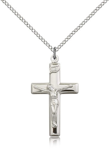 Women's High Polish Block Style Crucifix Necklace - Sterling Silver