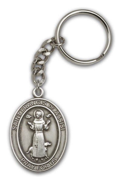 St. Francis of Assisi Oval Shaped Keychain - Antique Silver