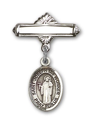 Pin Badge with St. Joseph the Worker Charm and Polished Engravable Badge Pin - Silver tone
