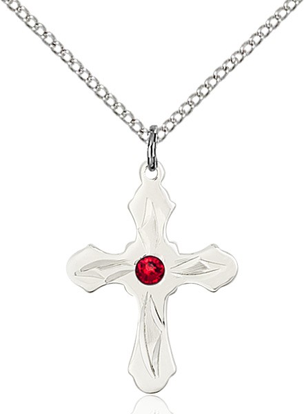 Youth Cross Pendant with Pointed Etching Birthstone Options - Ruby Red