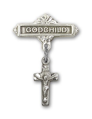 Baby Badge with Crucifix Charm and Godchild Badge Pin - Silver tone