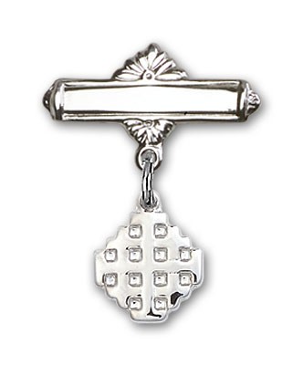 Pin Badge with Jerusalem Cross Charm and Polished Engravable Badge Pin - Silver tone