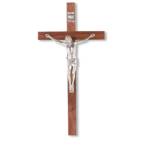 Silver-tone Corpus and Walnut Finish Wall Crucifix - 10 inch - Brown