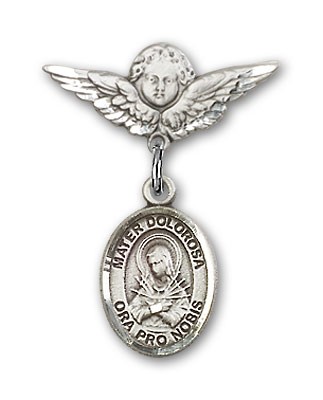 Pin Badge with Mater Dolorosa Charm and Angel with Smaller Wings Badge Pin - Silver tone