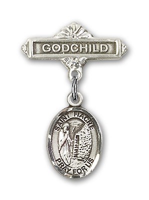 Pin Badge with St. Fiacre Charm and Godchild Badge Pin - Silver tone