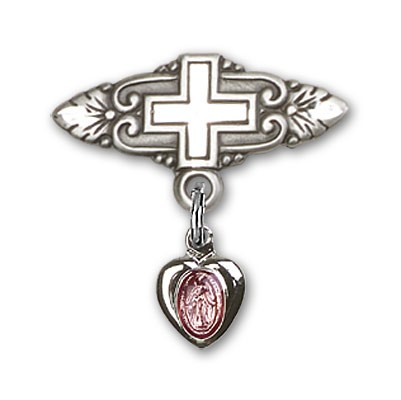 Baby Pin with Pink Miraculous Charm and Badge Pin with Cross - Sterling Silver | Pink Enamel