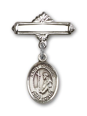 Pin Badge with St. Dominic de Guzman Charm and Polished Engravable Badge Pin - Silver tone