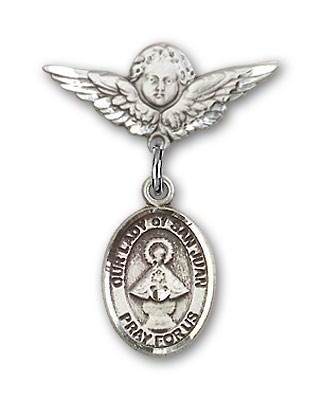 Pin Badge with Our Lady of San Juan Charm and Angel with Smaller Wings Badge Pin - Silver tone