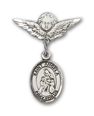 Pin Badge with St. Angela Merici Charm and Angel with Smaller Wings Badge Pin - Silver tone