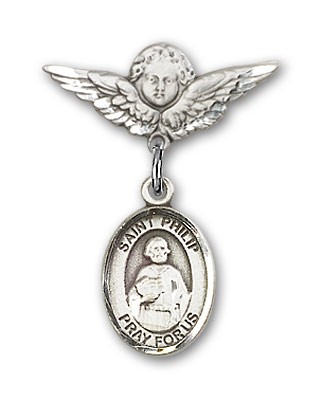 Pin Badge with St. Philip the Apostle Charm and Angel with Smaller Wings Badge Pin - Silver tone