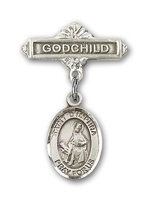 Pin Badge with St. Dymphna Charm and Godchild Badge Pin - Silver tone