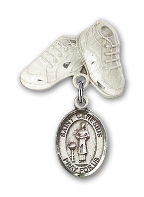 Pin Badge with St. Genesius of Rome Charm and Baby Boots Pin - Silver tone