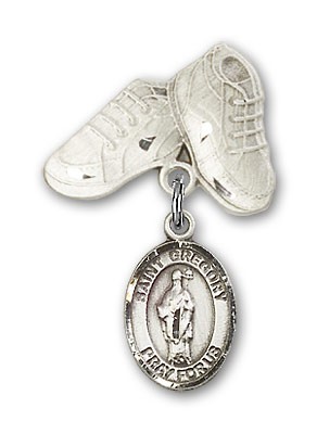 Pin Badge with St. Gregory the Great Charm and Baby Boots Pin - Silver tone