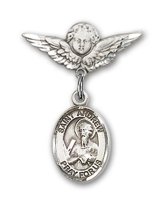 Pin Badge with St. Andrew the Apostle Charm and Angel with Smaller Wings Badge Pin - Silver tone