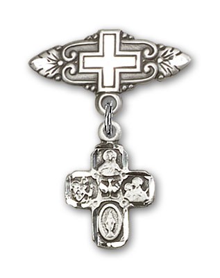 Pin Badge with 4-Way Charm and Badge Pin with Cross - Silver tone