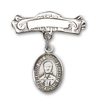 Pin Badge with Blessed Pier Giorgio Frassati Charm and Arched Polished Engravable Badge Pin - Silver tone