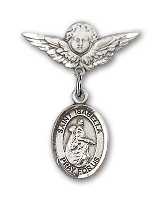 Pin Badge with St. Isabella of Portugal Charm and Angel with Smaller Wings Badge Pin - Silver tone