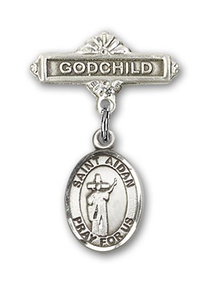 Pin Badge with St. Aidan of Lindesfarne Charm and Godchild Badge Pin - Silver tone