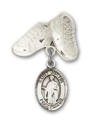 Pin Badge with St. Justin Charm and Baby Boots Pin - Silver tone