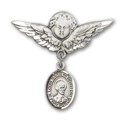 Pin Badge with St. Louis Marie de Montfort Charm and Angel with Larger Wings Badge Pin - Silver tone