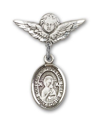 Pin Badge with Our Lady of Perpetual Help Charm and Angel with Smaller Wings Badge Pin - Silver tone