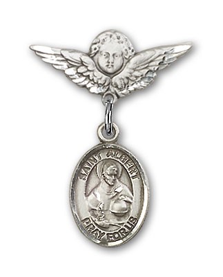 Pin Badge with St. Albert the Great Charm and Angel with Smaller Wings Badge Pin - Silver tone