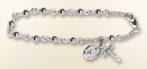 Rosary Bracelet - Round Beads and crucifix pendant - Sterling Silver