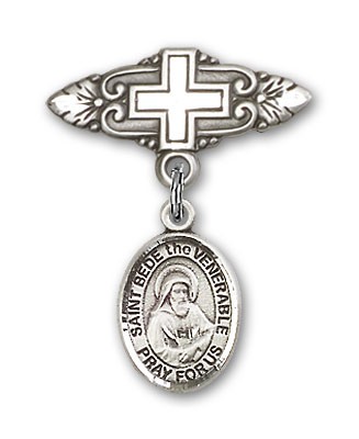 Pin Badge with St. Bede the Venerable Charm and Badge Pin with Cross - Silver tone