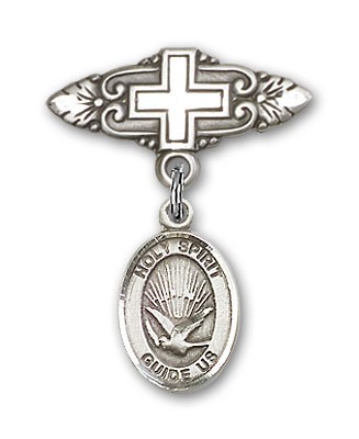 Pin Badge with Holy Spirit Charm and Badge Pin with Cross - Silver tone