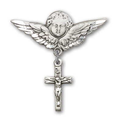 Pin Badge with Crucifix Charm and Angel with Larger Wings Badge Pin - Silver tone