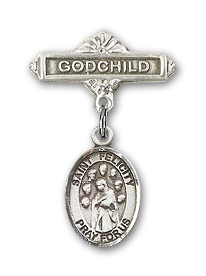 Pin Badge with St. Felicity Charm and Godchild Badge Pin - Silver tone