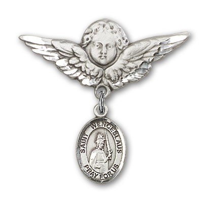 Pin Badge with St. Wenceslaus Charm and Angel with Larger Wings Badge Pin - Silver tone