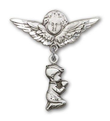 Baby Pin with Praying Boy Charm and Angel with Larger Wings Badge Pin - Silver tone