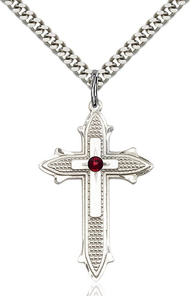 Large Women's Polished and Textured Cross Pendant with Birthstone Option - Garnet