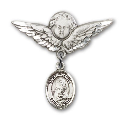 Pin Badge with St. Victoria Charm and Angel with Larger Wings Badge Pin - Silver tone